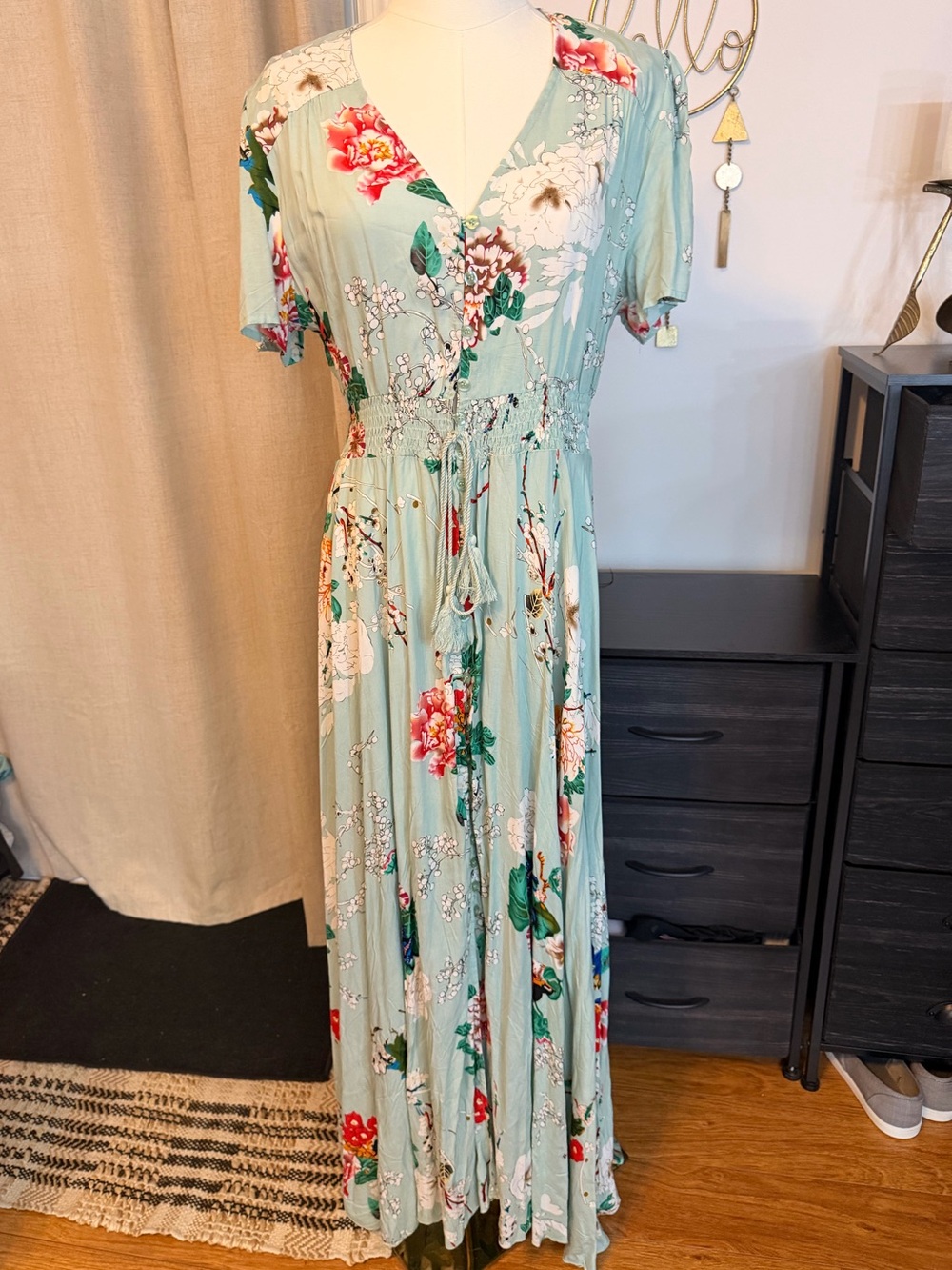 SHEIN Mint Green Floral Maxi Dress with Tie Waist